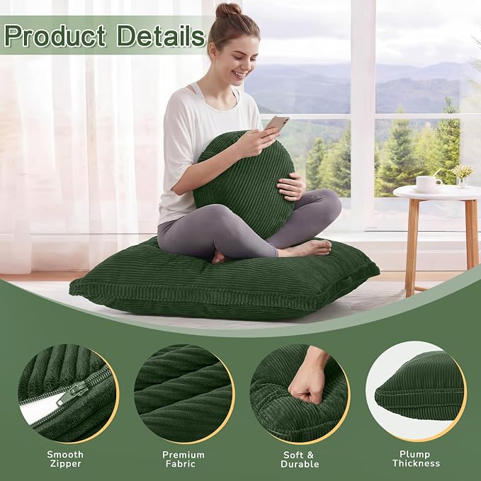 Meditation Cushion Set 32in, Large Round Zafu Floor Pillow for Adults, Soft Meditation Pillow Yoga, Zabuton Prayer Pad Set to Mindfulness, Yoga, Removable Corduroy Cover, Green