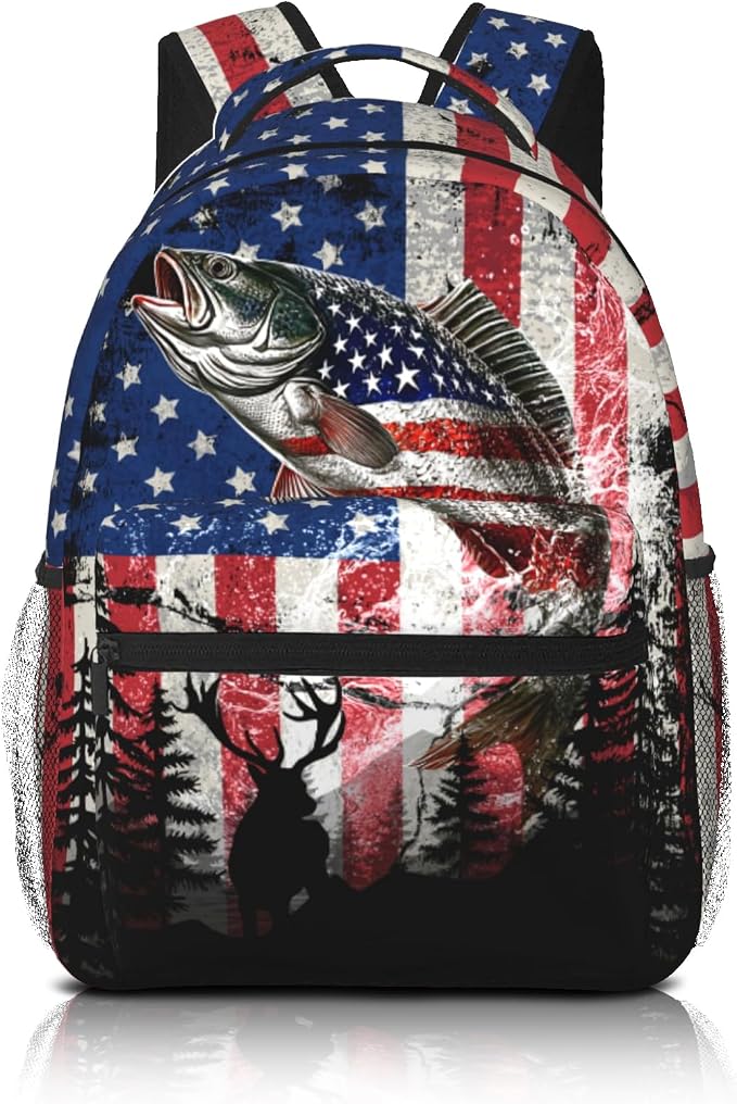School Backpack Boys Bass Fish American Flag Backpack for Kids Children Elementary Middle School Backpacks Fishing Bookbag Travel Back Pack for Age 6-18