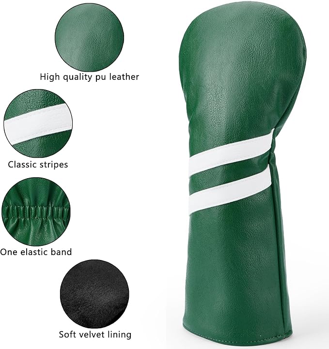 3PCS Vintage Golf Club Classic Green and Black Driver, Fairway Wood and Hybrid Head Covers Set PU Leather Headcovers with Interchangeable No. Tag