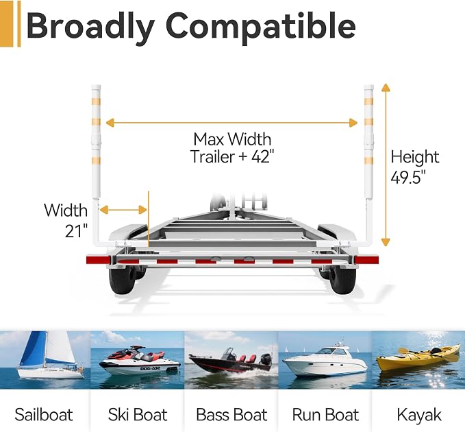 niffgaff Boat Trailer Guide-ons, 2PCS Rustproof Galvanized Steel Boat Guide Poles with White PVC Pipes & Reflective Tape, Fits Trailer Frames up to 3" for Ski Boat, Fishing Boat, Sailboat Trailer