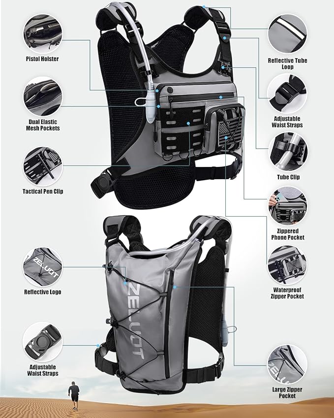 Zelvot Running Vest with 2L Water Bladder, Hydration Backpack, U.S. Design Patent, Lightweight Hydration Pack with Gear Holder, Reflective Chest Pack for Men Women for Marathon