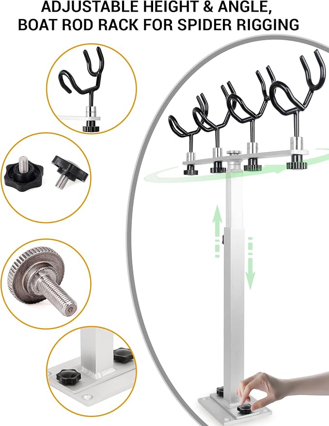 Aluminum Spider Rigging Rod Holder for Boat - 4 Pole Crappie Fishing Rack, Heavy Duty 6063-T5 Marine Grade Aluminum, 16.5"-30.5" Adjustable Height Square Tube Support for Catfish & Trolling