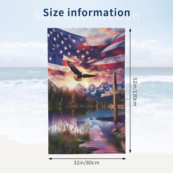 Cool Eagle Beach Towel, 32x52in Microfiber Quick Dry Patriotic American Flag Cross Mountain Bath Towels, Soft Lightweight Oversized Sand Free, for Travel Pool Swimming Gym Decor, Gifts