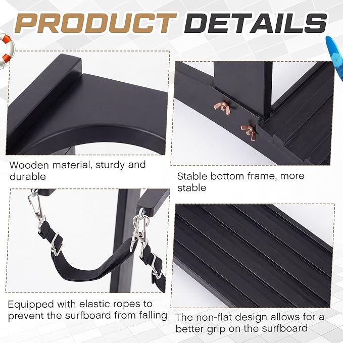 CroBlissful Surfboard Rack Freestanding Vertical Surf Board Stand for 4 Boards Bamboo Display Rack for Shortboard, Snowboard, Skateboard, Ski and Wakeboard