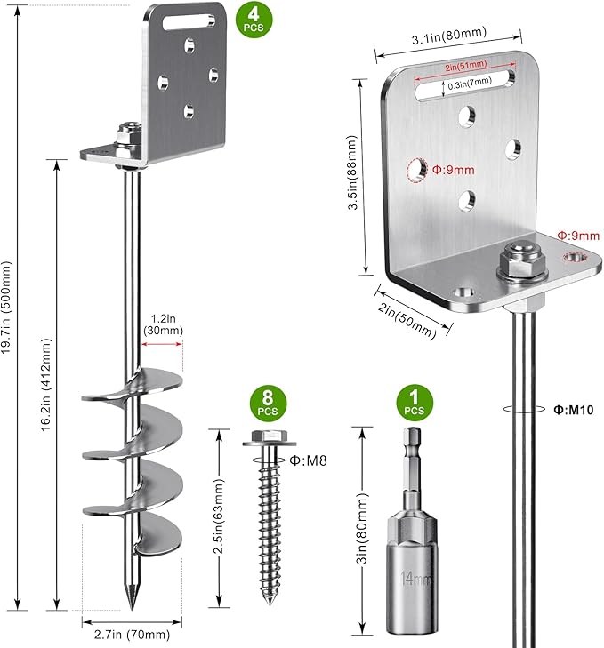 BeneLabel 2/4/6 Pack 18" 24" Ground Anchors Screw in Shed Anchor with L Bracket Trampoline Anchor Spiral Swingset Anchors for Swing Set, Mobile Home, Fence, Playset, Tent, Canopy, Carport