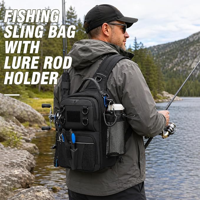 Fishing Bag with Tackle Boxes, Lightweight Fishing Sling Pack,Convertible Tackle Bag with Rod & Beverage Holder, Fishing Gear with Lures, Pliers, Lip Gripper, Fish Gifts for Men, Black