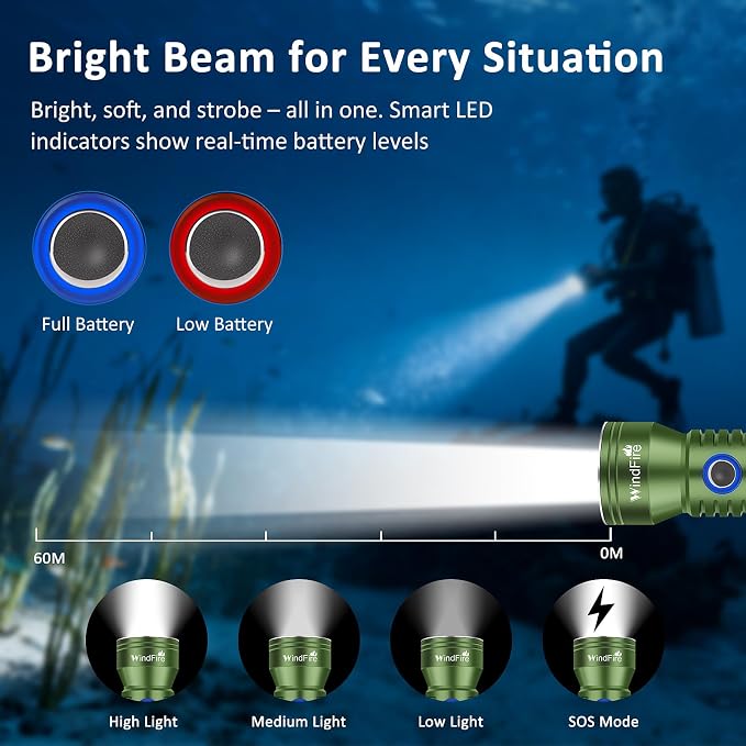 WINDFIRE Dive Light Scuba Diving Flashlight, IPX8 Waterproof 210 Feet Underwater Flashlight with Power Indicator & 4 Modes, Aluminum Submersible Torch for Deep Sea Diving and Snorkeling