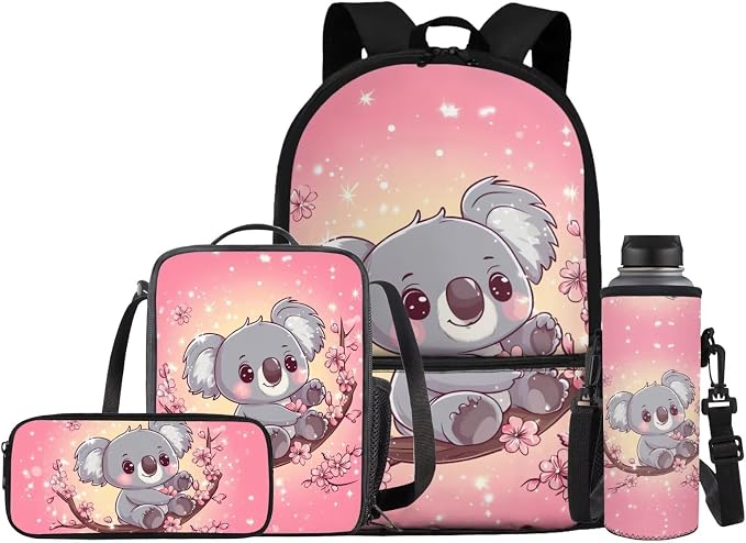 Kids Bookbag Cute Cherry Blossom Sloth Backpack and Lunch Box Set Girls Bookbag with Lunch Box and Water Bottle Holder Pencil Case Set 4 in 1 Back to School Supplies