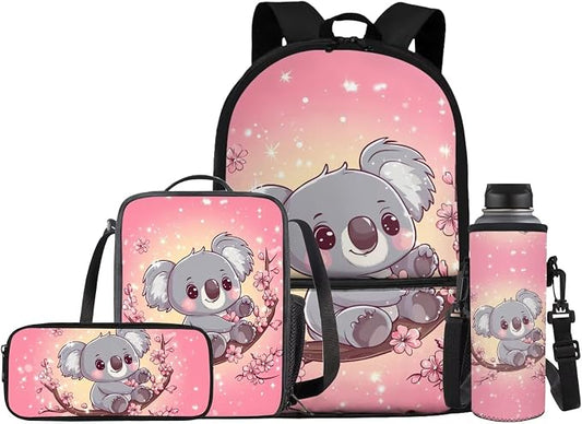 Kids Bookbag Cute Cherry Blossom Sloth Backpack and Lunch Box Set Girls Bookbag with Lunch Box and Water Bottle Holder Pencil Case Set 4 in 1 Back to School Supplies