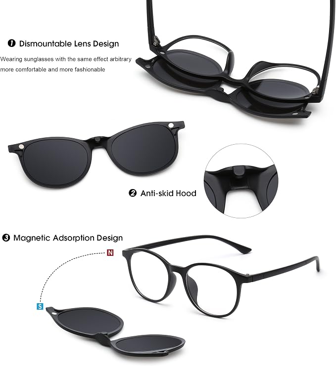 JIM HALO Magnetic 5Pcs Polarized Clip-on Sunglasses Plastic Frame for Night Driving