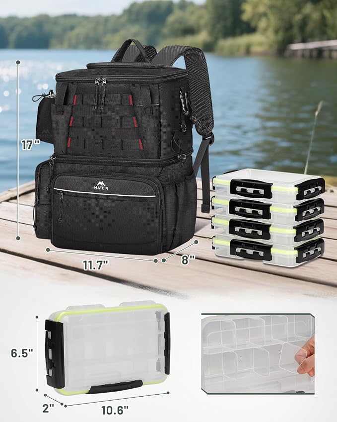 MATEIN Fishing Backpack with 4 Tackle Boxes, Fishing Bag with Rod Holder | 3600 Tackle Box 4 Pack, Water Resistant Tackle Backpack with Cooler Compartment, Safety Compass, Gifts for Fishermen