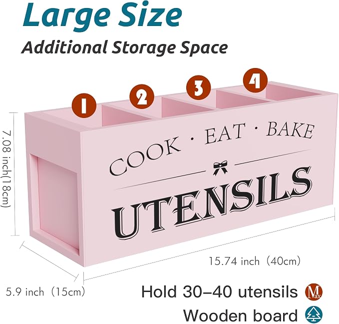 Suli Extra Large Kitchen Utensils Holder with 4 Compartments, Wooden Utensil Organizer for Kitchen Countertop, Farmhouse Kitchen Decor, Rustic Cooking Utensil - Pink