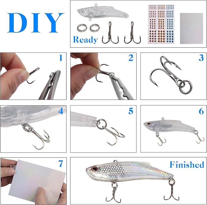 Blank Fishing Lure Kit,Unpainted Popper Plug Lures DIY Crank Bait Set Fishing Pliers Treble Hooks 3D/4D Lure Eyes Bait Sticker Split Rings,Fish Tackle Accessories Kits
