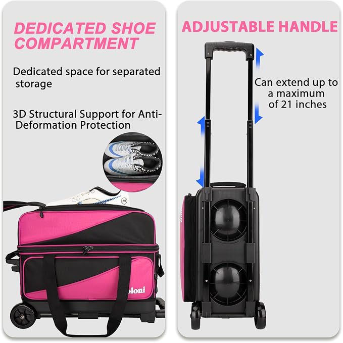 Goloni 3 Ball Bowling Bag with Wheels, 2+1 Double Roller Bowling Bag with Shoe Compartment,Tote Bag for Bowling Accessories