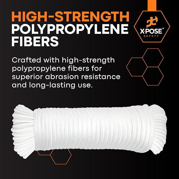 Xpose Safety Diamond Braided Clothesline Rope 6/32" x 100 ft, White Polypropylene Heavy Duty Braided Cord for Clothesline, Camping, Tents, Flagpole, Hoist, Pulley & Outdoor Use, 6 Pack