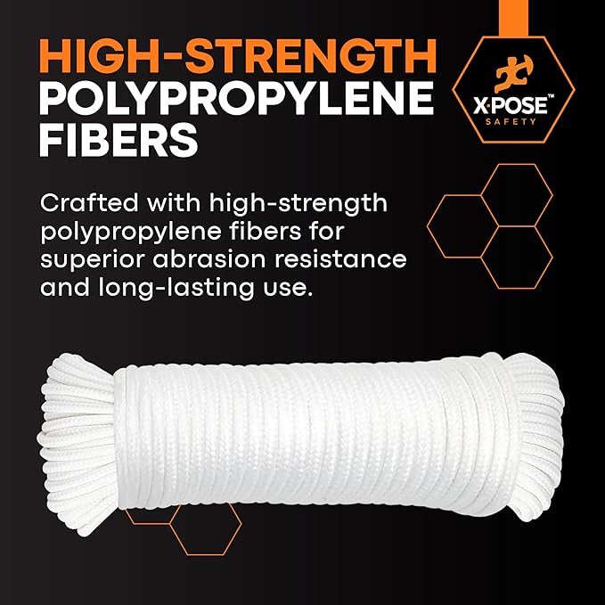 Xpose Safety Diamond Braided Clothesline Rope 6/32" x 100 ft, White Polypropylene Heavy Duty Braided Cord for Clothesline, Camping, Tents, Flagpole, Hoist, Pulley & Outdoor Use, 1 Pack
