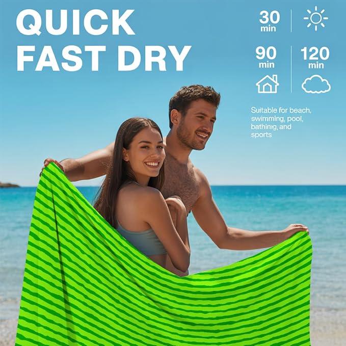 2 Pcs Microfiber Beach Towel Sand Free Quick Dry Oversized Watermelon Rind Striped Summer Style Green Lime Lightweight Bath Towels for Travel Pool Swim Camping 71 x 32 Inches