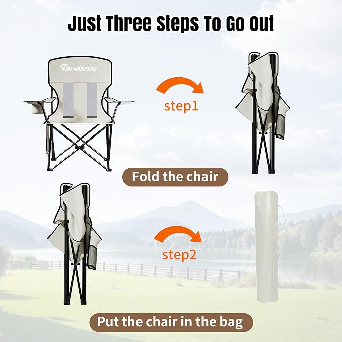 Camping Chair, 300 LBS High Back Breathable Mesh Lawn Chairs Folding (Gray) | Portable Outdoor Folding Camping Chair for Adults, with Cup Holder for Picnic, Lawn, Beach, Park, Fishing and Sports