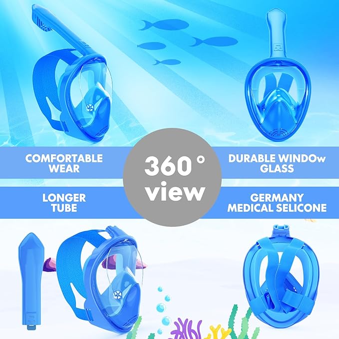 Kids Snorkel Mask Full Face, Snorkeling Gear for Kids with Camera Mount, 180 Degree Panoramic View Snorkeling Set Anti-Fog Anti-Leak