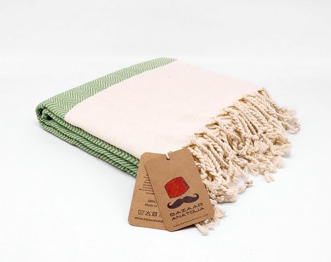 Bazaar Anatolia Turkish Beach Towel 100% Cotton Bath Towels 71x39 Quick Dry Sand Free Lightweight Large Oversized Herringbone Green