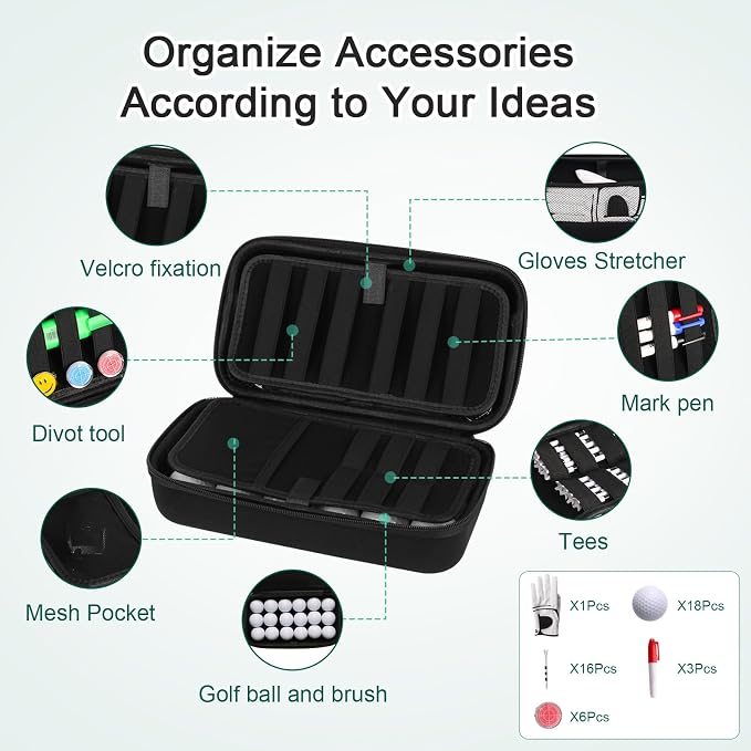 SLODE Portable Golf Accessories Organizer Bag for Balls, Tees, Markers -Golf Glove Holder Case with Glove Shaper- Ideal Gift for Men and Women- Black
