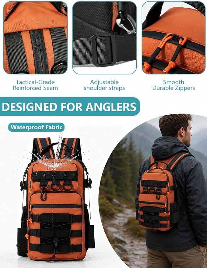 2 in 1 Compact Tactical Fishing Backpack with Tackle Boxes, Lightweight Waterproof Tackle Bag Fit 2 * 3600 Tackle Boxes, 2 Rod Holders Storage, Fishing Accessories Gift for Men Orange