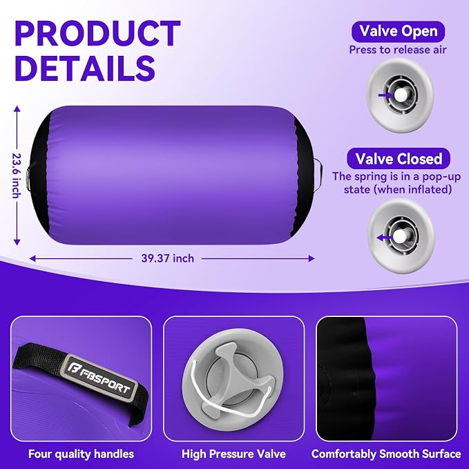 FBSPORT Air Roller Gymnastics Barrel, Inflatable Gymnastics Air Roller Inflatable Air Gymnastics Mat for Yoga Cheerleading Training Home Outdoor Indoor Use