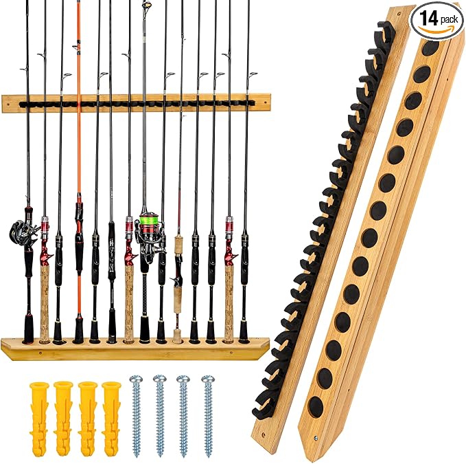 THKFISH Fishing Rod Racks Fishing Rod Holders for Garage Wood Fishing Pole Wall Rack Store 14 Fishing Rod Combos,1 Pair
