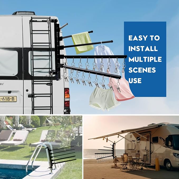RV Clothes Drying Rack, 5 Arms 15.3" 18 Clips Aluminum for Ladder/Camper | 5 arms, 15.3" each. 18 stainless clips. Aluminum, rust-proof. 60Lbs capacity. 30s install. Fits ladders, boats, RVs