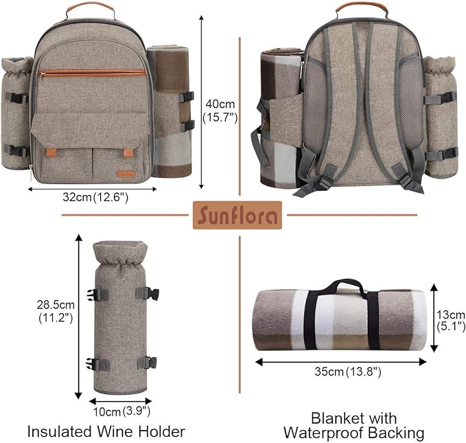Sunflora Picnic Backpack for 4 Person Set Pack with Insulated Waterproof Pouch for Family Outdoor Camping (Brush Beige)