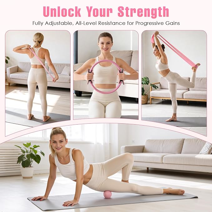Pilates Kit, Pilates Equipment for Home Workouts, Home Pilates Essentials Kit for Women with Pilates Ring and Ball Set, Socks, Ankle Resistance Bands with Cuffs, Resistance Band and Massage Ball