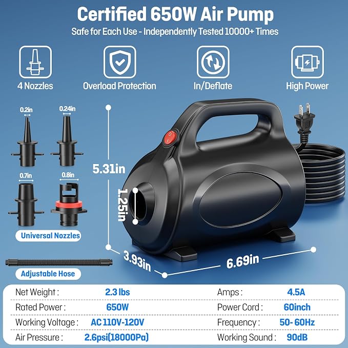 650W Electric Pump for Inflatables Air Mattress - Powerful Quick Fill Inflator/Deflator Pump for Gymnastics Mat Pool Float Raft, Portable Air Pump with Storage Bag AC 110-120V