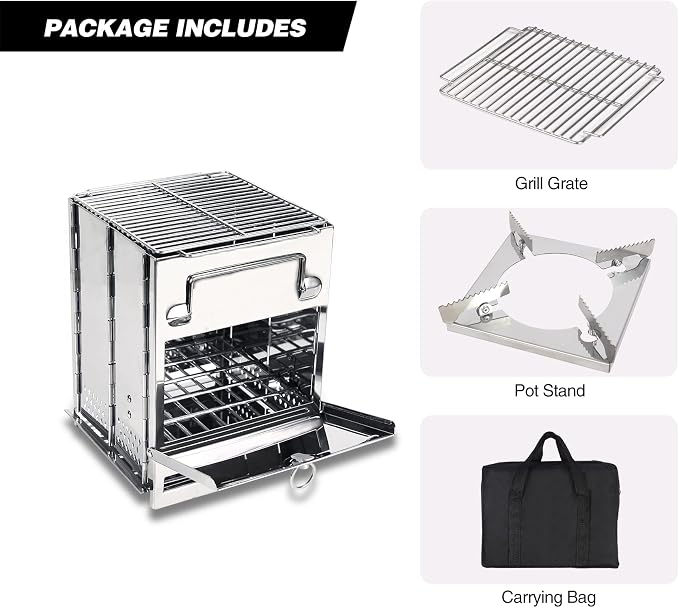 REDCAMP Wood Burning Folding Camp Stove Stainless Steel Grill and Pot Stand, Portable Collapsible Backpacking Stove Survival Rocket Stove for Hiking Outdoor Tent Camping Picnic, Largel with Pot Stand