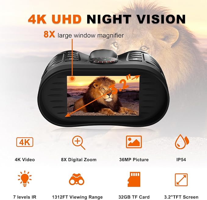 4K Night Vision Goggles for Kids, 36MP Full-Color Night Vision Binoculars 8X Zoom 850nm Stealth IR for All Black Observation-Gift with Compass, Photo & 4K Video Recording, 3.2" Screen and 32GB Card