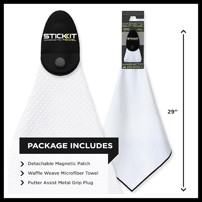 STICKIT Magnetic Golf Towel - Ultra-Absorbent with Waffle Weave Microfiber & Removable Magnet - Golf Towel with Magnet for Bags, Clubs & Carts - Removes Dirt, Grass & Debris from Club Face - 29" x 29"