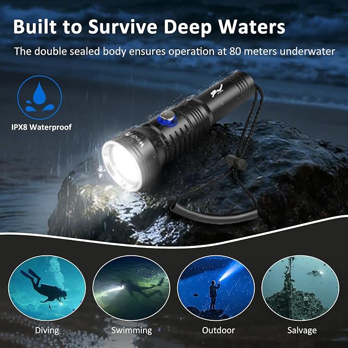 WINDFIRE Dive Light Scuba Diving Flashlight, IPX8 Waterproof 210 Feet Underwater Flashlight with Power Indicator & 4 Modes, Aluminum Submersible Torch for Deep Sea Diving and Snorkeling