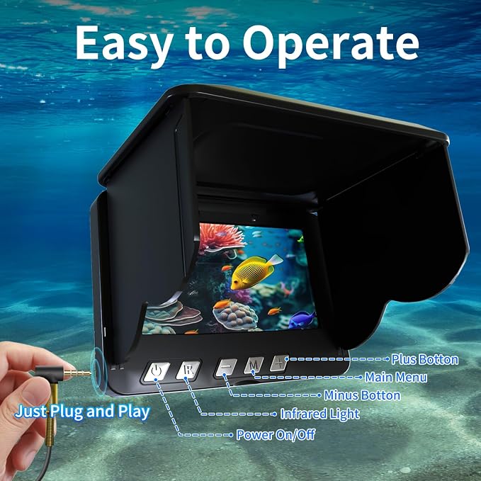 Underwater Fishing Camera,4.3 Inch HD Fishing Camera with 12 Infrared Night Vision Lights, 1000TVL Wide Angle IP68 Waterproof Fishing Camera for Lake Boat Kayak Ice Fishing