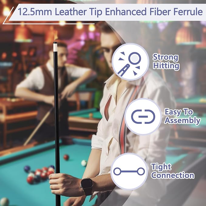 Glass Fiber Pool Cue Stick with Case Combo Set, 12.5mm Professional Pool Stick 58" Low Deflection Billiards Cue Stick 19 Oz Pool Cue Set for Men Adults Players