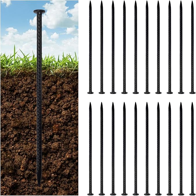 16 Inch Rebar Stakes, 0.4 Inch Diameter Ground Stake, Metal Stakes for Ground, Heavy Duty Ground Anchor Spikes for Speed Bump, Parking Curb and Camping Tent (20Pcs, Black)