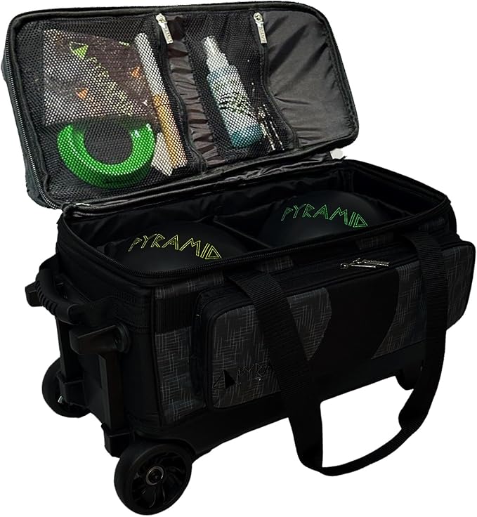 Pyramid Deluxe Double Roller 2 Ball Bowling Bag with Large Separate Shoe Compartment (Up To 2 Pairs Of Shoes) and Accessory Pockets, Sturdy Square Handle - Extends to 40" - Pro Options Available
