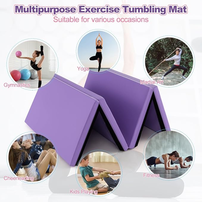 Goplus Gymnastics Mat, Folding Tumbling Mat with Carry Handles, Hook & Loop Fasteners, 4 Panels for Fitness Exercise Yoga Stretching Aerobics Workouts, Thick Gym Mats for Home