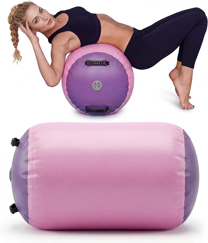 Inflatable Gymnastics Air Roller Barrel, Gymnastics Air Roller Air Barrel Inflatable Tumbling Mat, Tumble Track Backhandspring Mat Gymnastic Equipment for Yoga Training Cheerleading Home Use, 20in x 20in x 31in, Pink