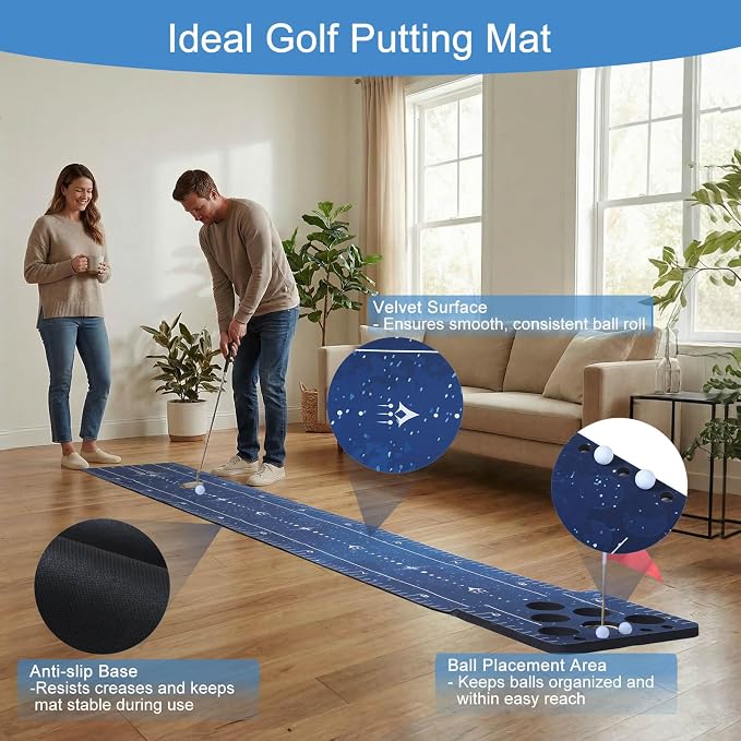 Chriiena Golf Putting Game Mat, Indoor Putting Green Set for Party Game | With 2 Balls, 1 Flag & Cup, Portable Pong Game Mat, Golf Games for Adults, For Backyard, Office, Party Use