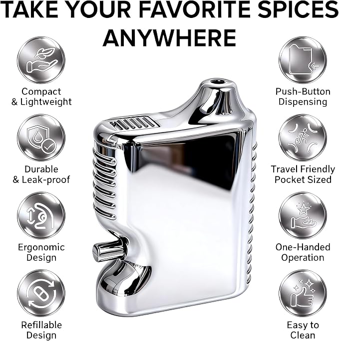 One-Button Powder Dispenser | Leak-Proof & Lightweight | Electroplated Silver Spice Shaker for Travel – Cool Metallic