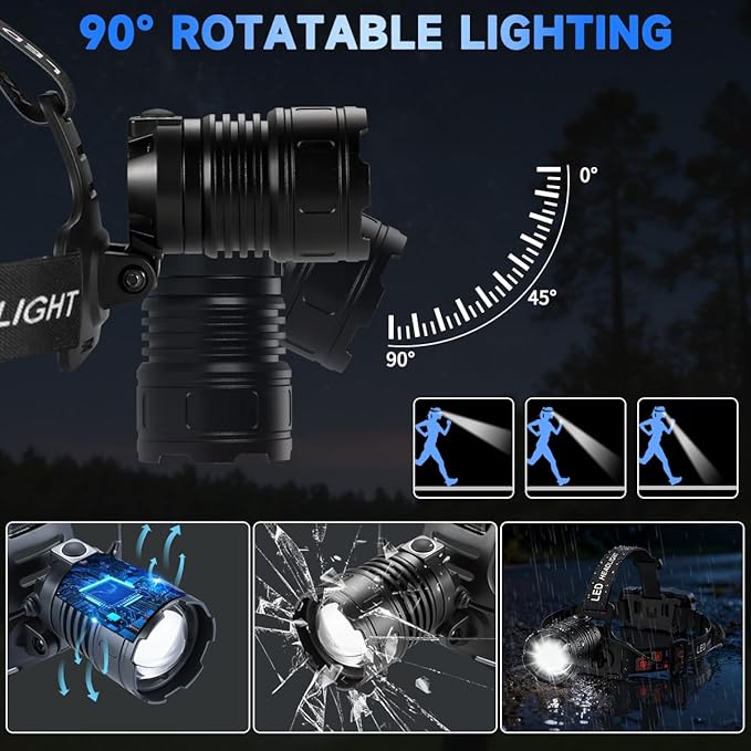 Rechargeable Headlamp High Lumen, 3000L Super Bright Head Lamp, 90° Rotatable Head Lights for Forehead, Adjustable Focus Headlight Flashlight, 4Modes LED Headlamps for Adults Hardhat Camping (4Pack)
