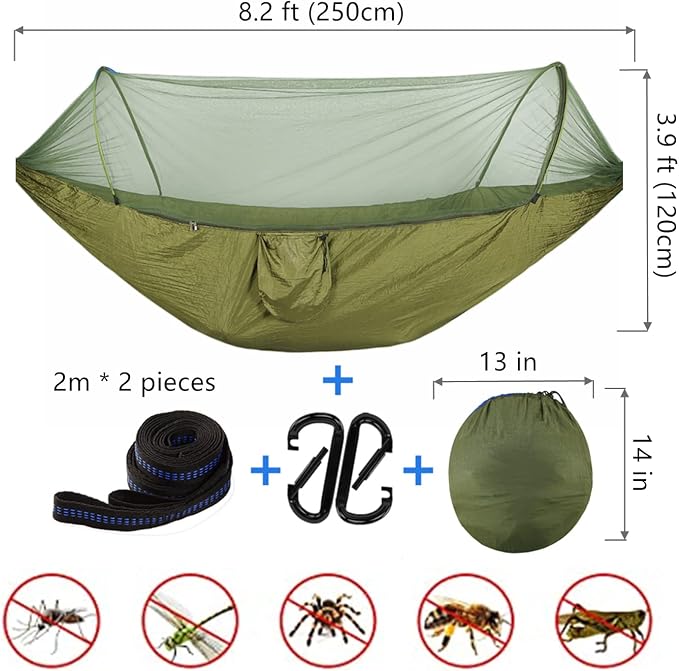 LFL Camping Hammock with Mosquito Net, Hammocks with Bug Net 13ft Tree Straps Carabiners, Automatic Quick Open Outdoor Portable Hammock with Net, Nylon Parachute Material Outside Hiking Gear (Green)