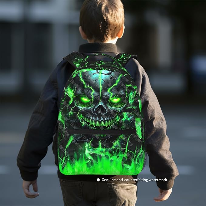 Cool Flame Skull School Backpack for Boys Skull Pattern Boys Backpack Travel Kids' Backpacks Children Teens Elementary Middle School Students Bookbag Back Pack for Age 6-18