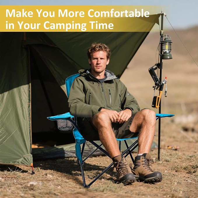 Folding Camping Chair with Cup Holder & Storage Bag, 225lbs Capacity, Large Anti-Sink Feet, Breathable PE Coated Fabric for Outdoor, Hiking, Beach, Fishing, Backpacking, Blue