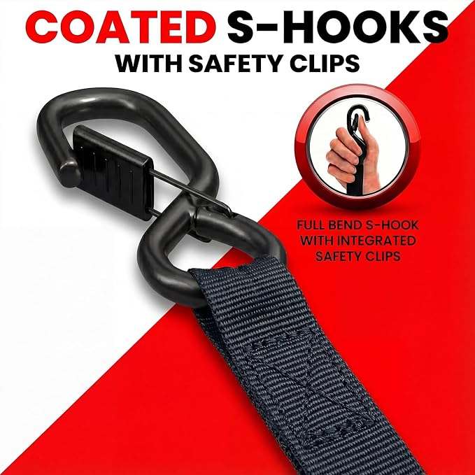 Retractable Ratchet Straps (2 Pack) - 1" x10 ft Heavy Duty with Auto Retract, Safety Lock Hooks & 1650 lb - Soft Loops + Bungee Cords for Truck, Trailer, Motorcycle, ATV, UTV, Moving