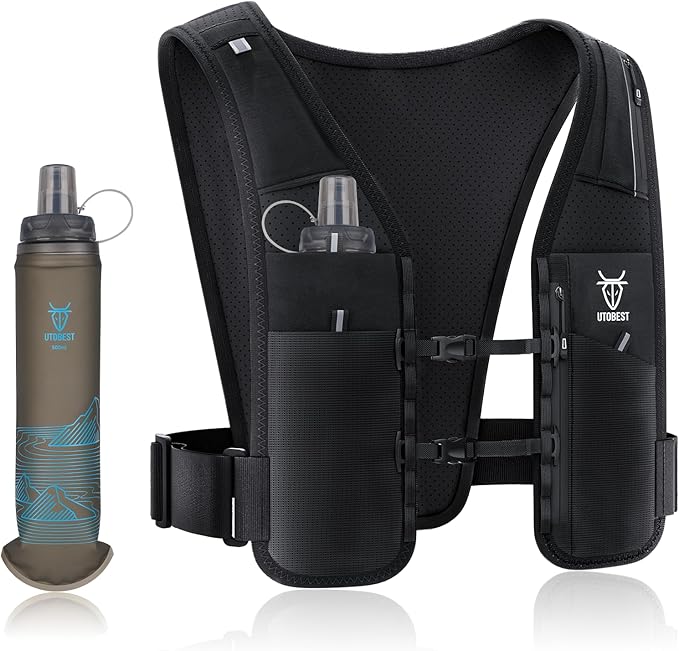 UTOBEST Running Vest for Women Men, Lightweight Running Hydration Vest Fits 500ml Soft Flask, Dual-Stage Adjustment with No Bounce, Waterproof Pocket Fits All Phones